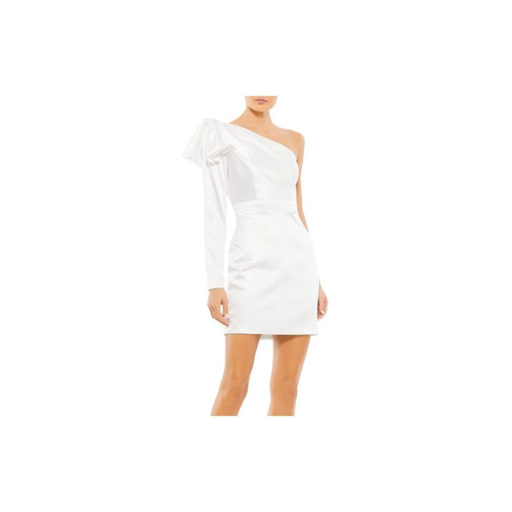 NWT IEENA MACDUGGAL Womens White One Long Zip Sleeve With Bow Mini Dress 6